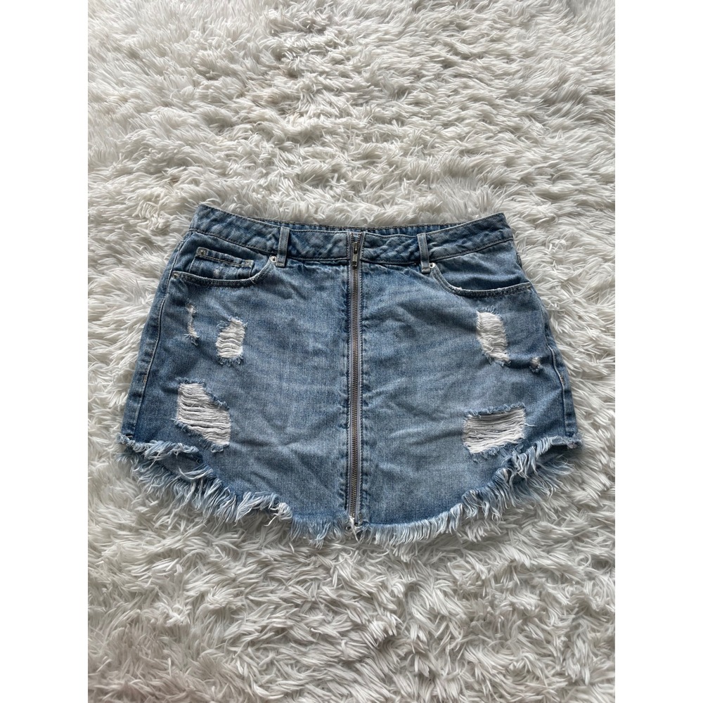 Garage Denim Zip Front Frayed Hem Mini Skirt
